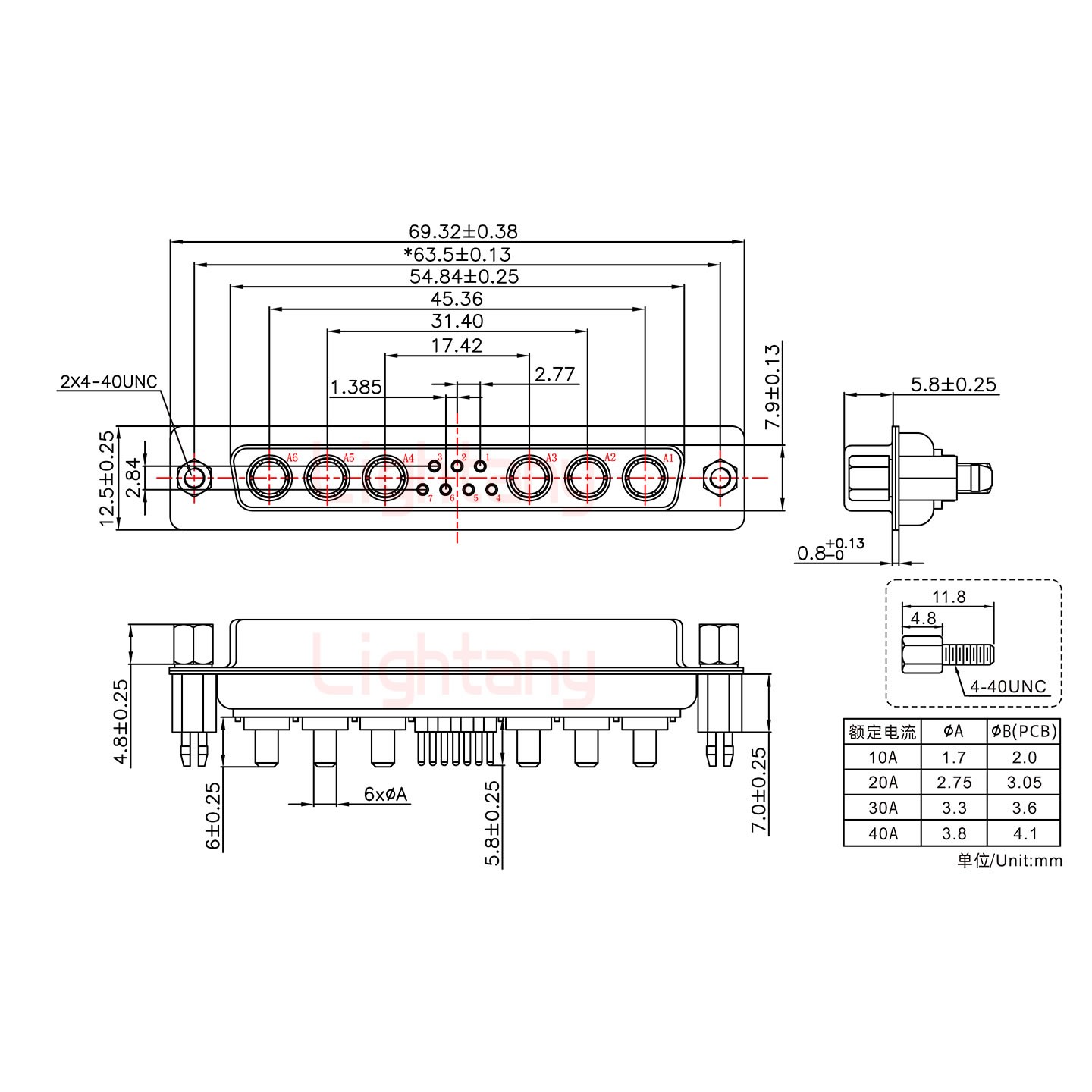 13W6A母PCB直插板/鉚魚(yú)叉7.0/大電流10A