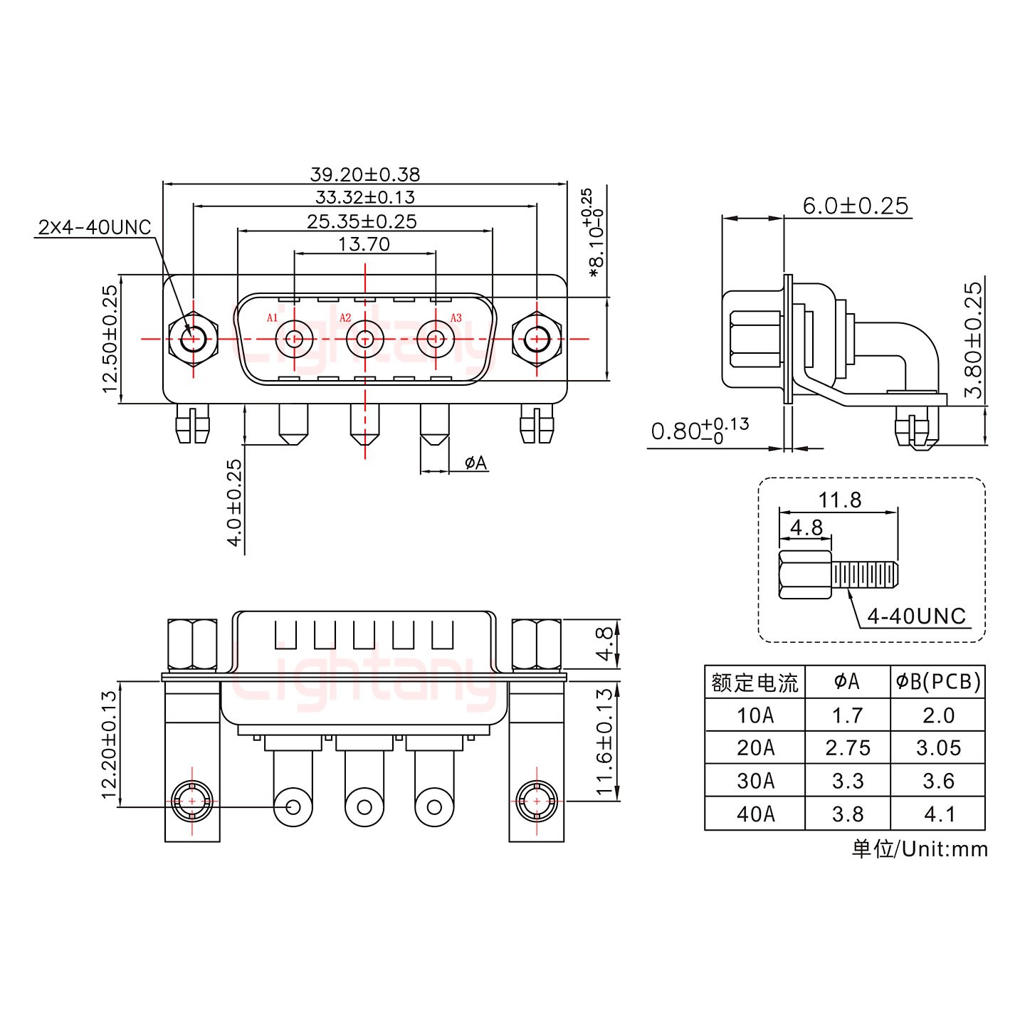 3W3公PCB彎插板/鉚支架11.6/大電流30A