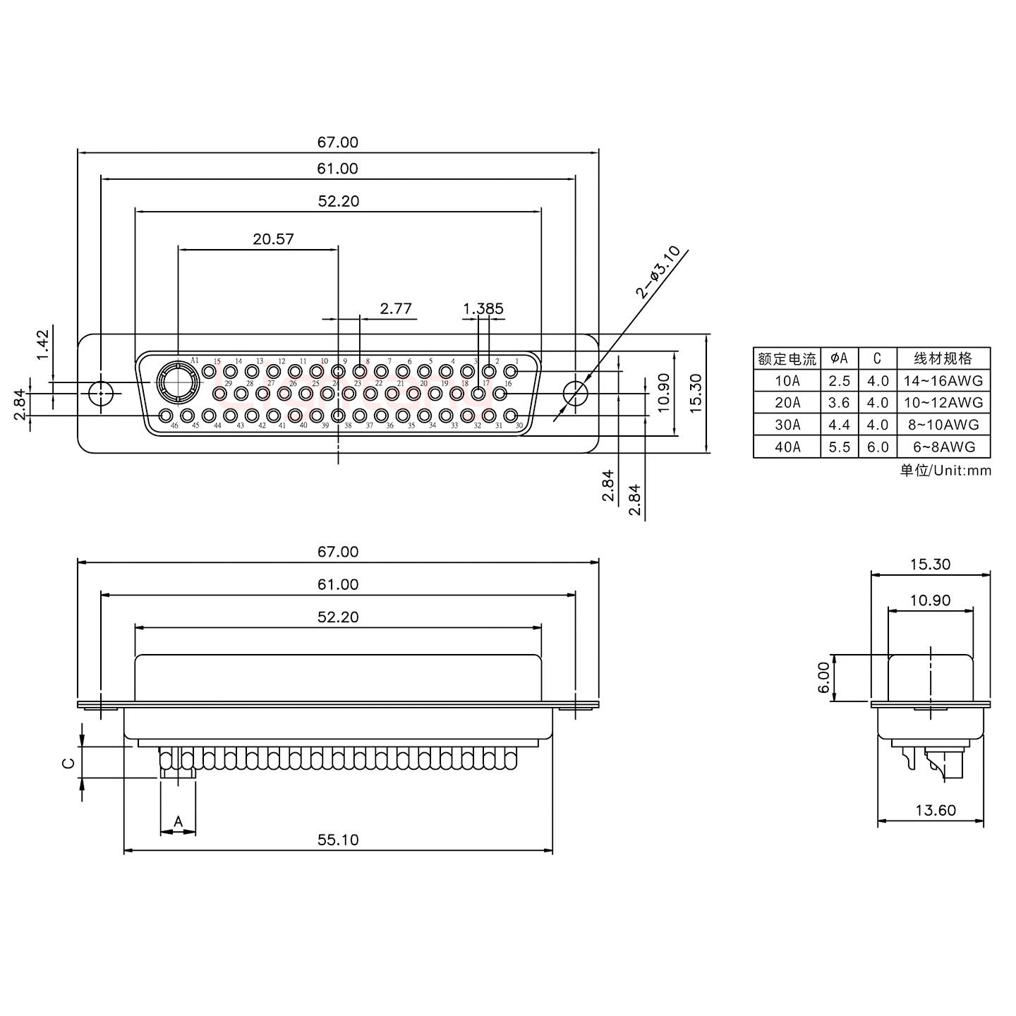47W1母短體焊線20A+50P金屬外殼2252三個(gè)出線孔12mm