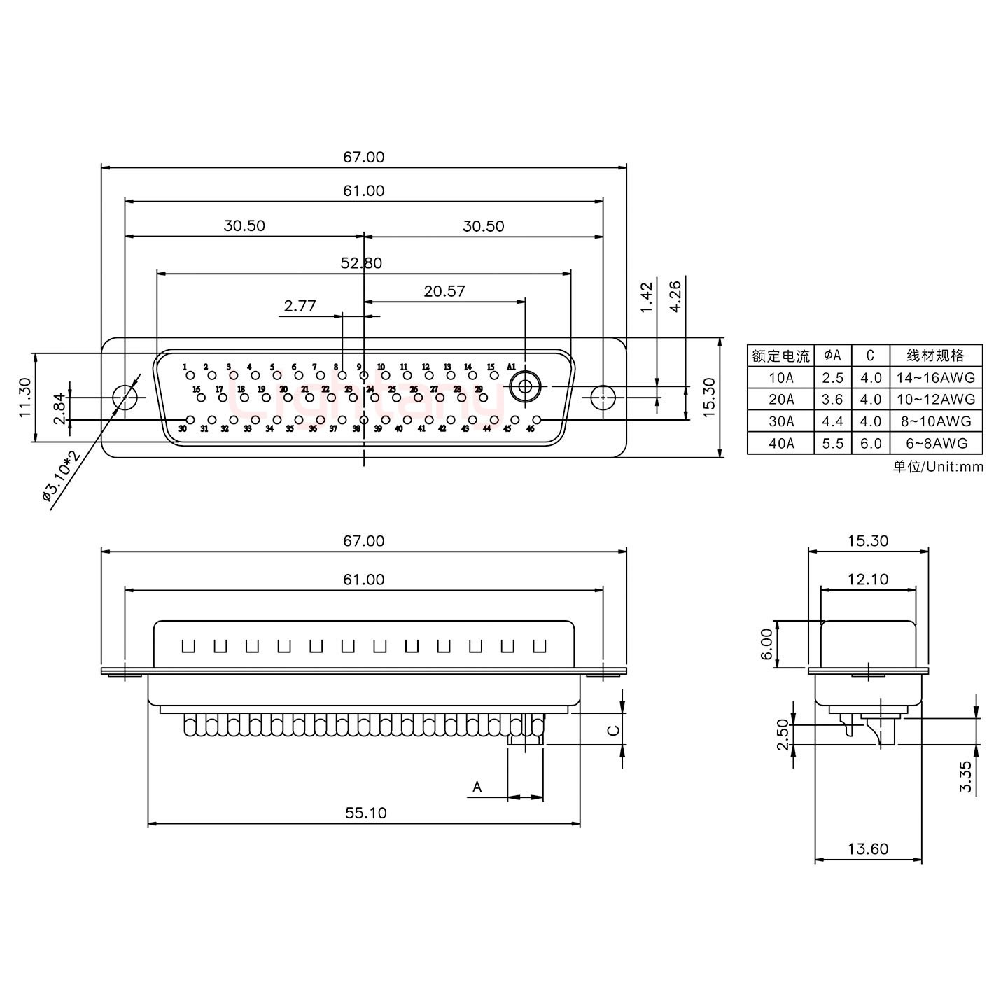 47W1公短體焊線40A+50P金屬外殼1746斜出線4~12mm